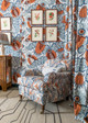 Mille Feuilles Indoor Printed fabric in green by Raoul Dufy featured on a headboard, styled by Me and Mo.